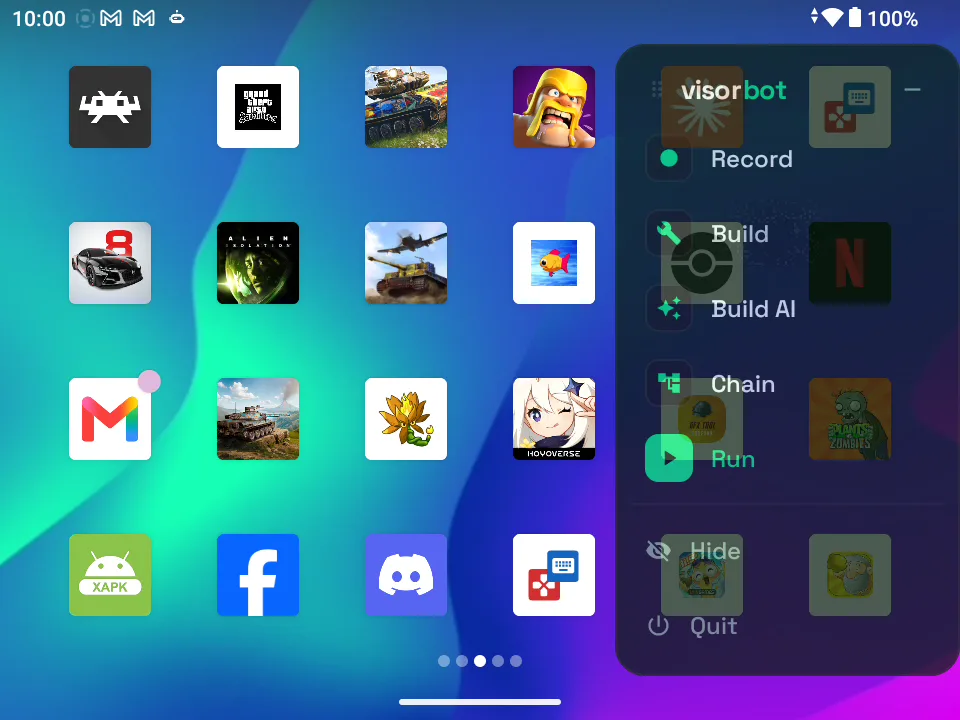 VisorBot overlay menu on Android showing Record, Build, Build AI, Chain and Run modes