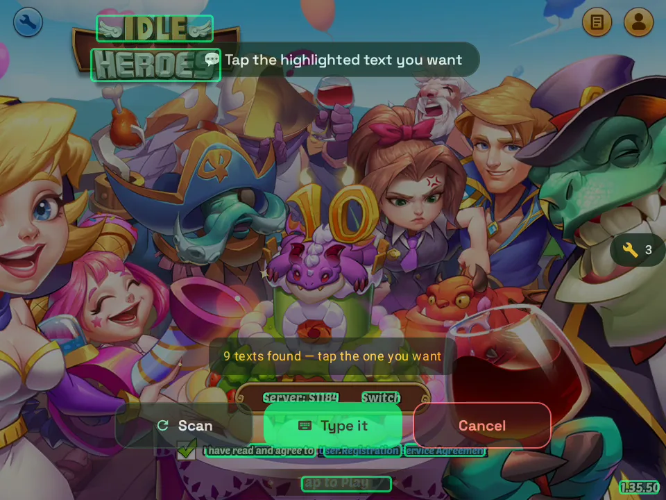 VisorBot OCR text picker over Idle Heroes: nine texts found, tap the one you want